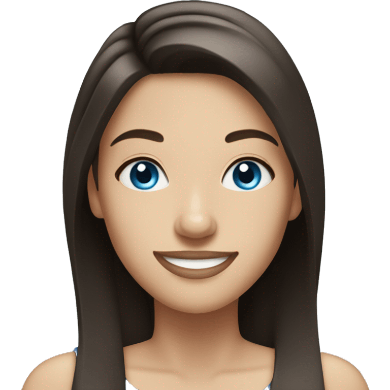 woman with dark brown straight hair and blue eyes smiling emoji