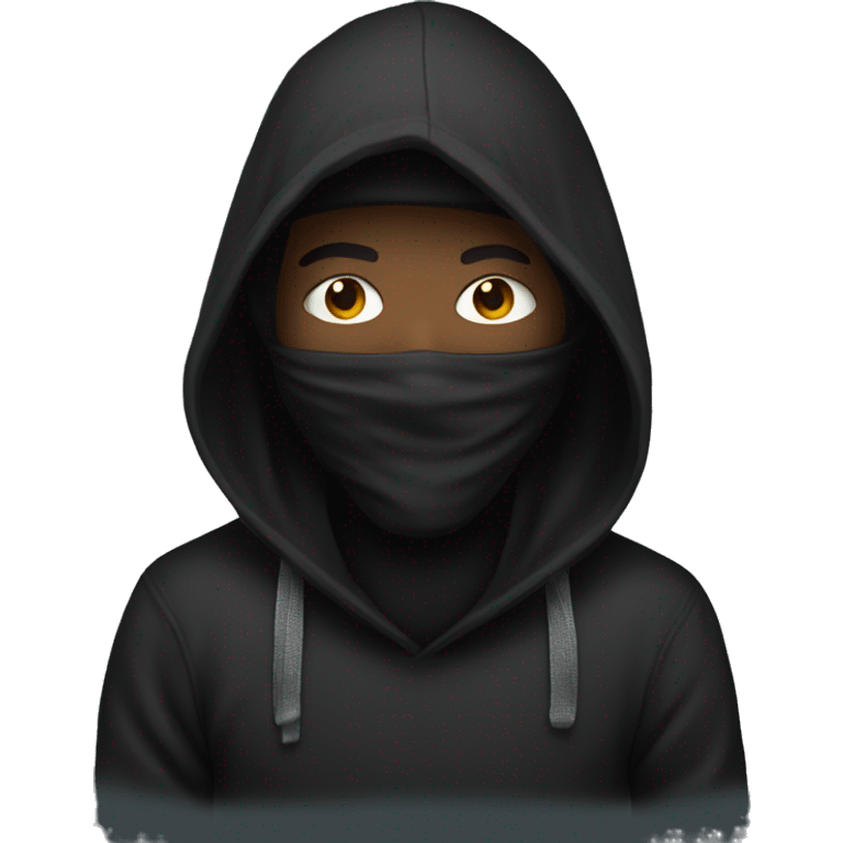 Hacker wearing black hoodie and bandana over mouth emoji