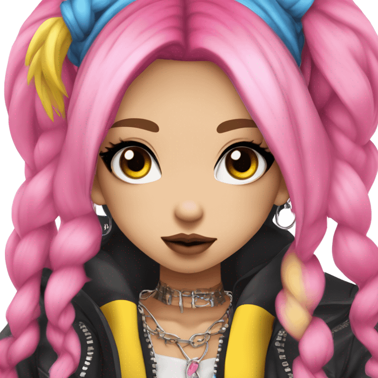 hime gyaru girl, blue eyes, hot pink and yellow split-dyed hair, dark makeup, punk clothes emoji