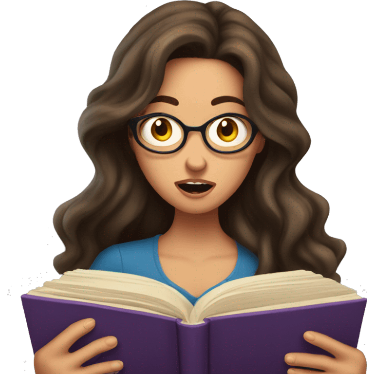 brunette long wavy hair woman shocked face while holding and reading book emoji