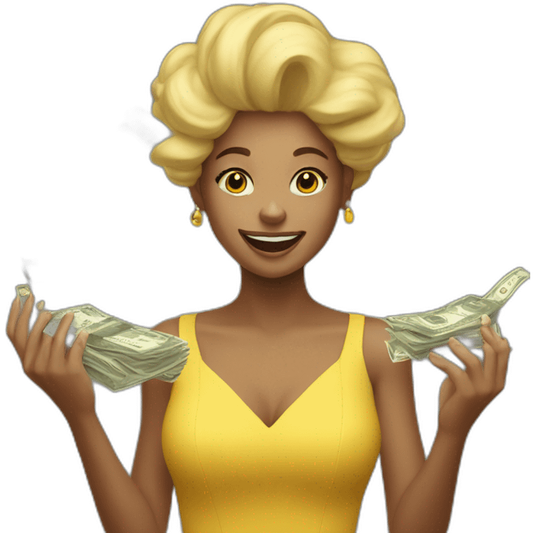 a girl in a yellow dress tosses money up in the air emoji