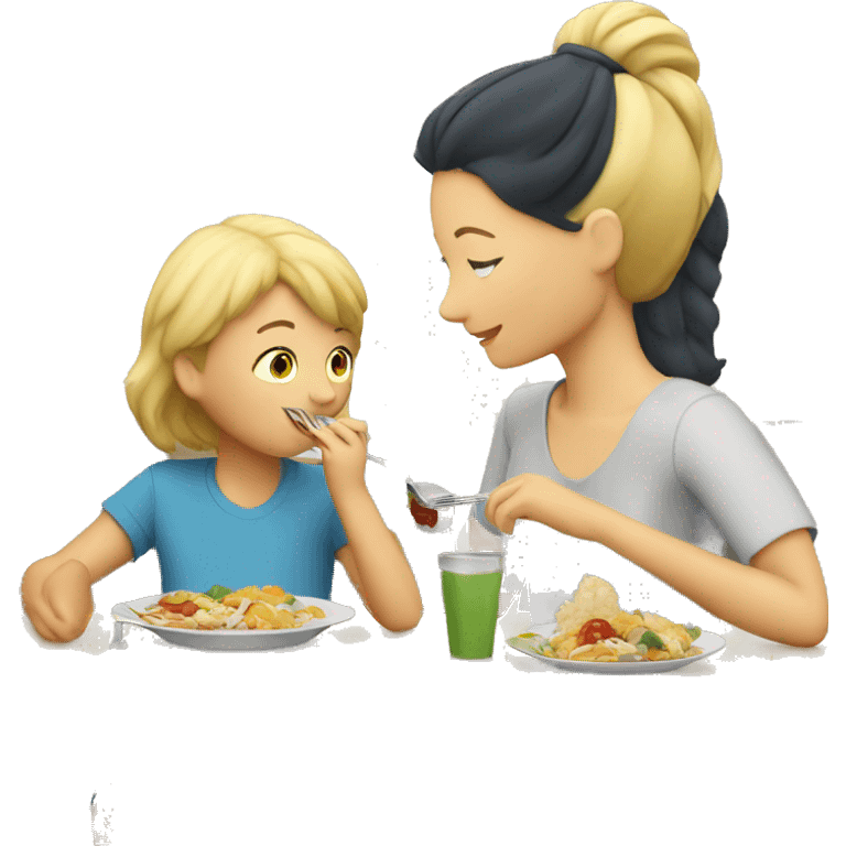 Blonde mother eating lunch with boy emoji