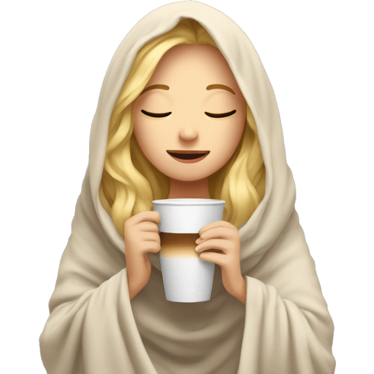 Blonde girl inside a blanket sipping coffee eyes closed emoji