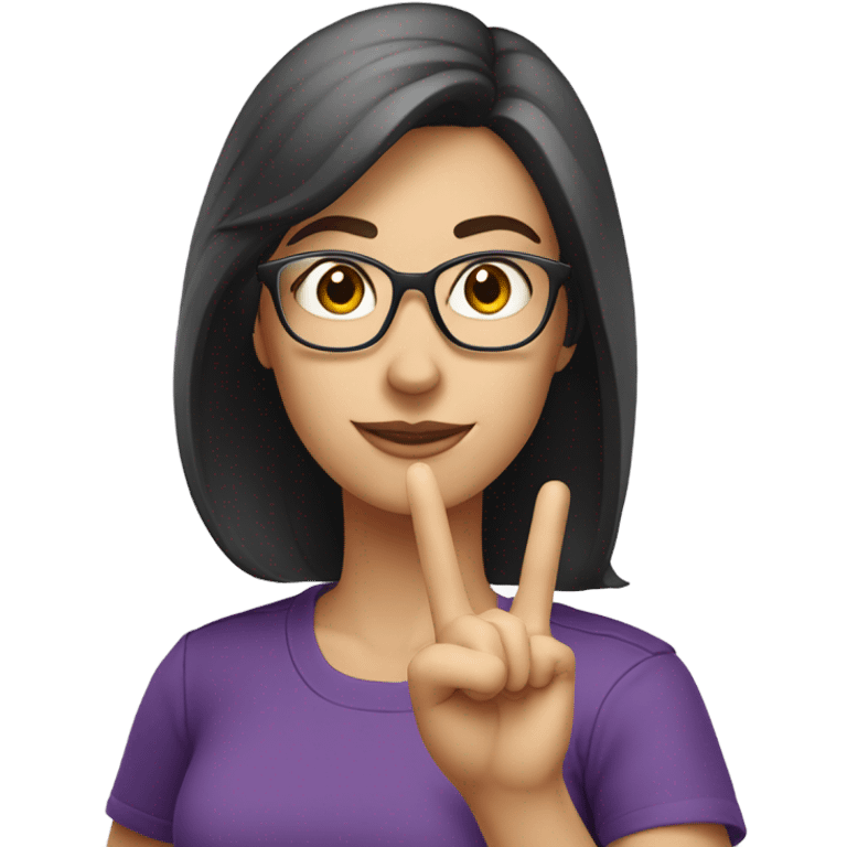 a caucasian brunette female, wearing a purple t-shirt and glasses, making the military salute gesture emoji