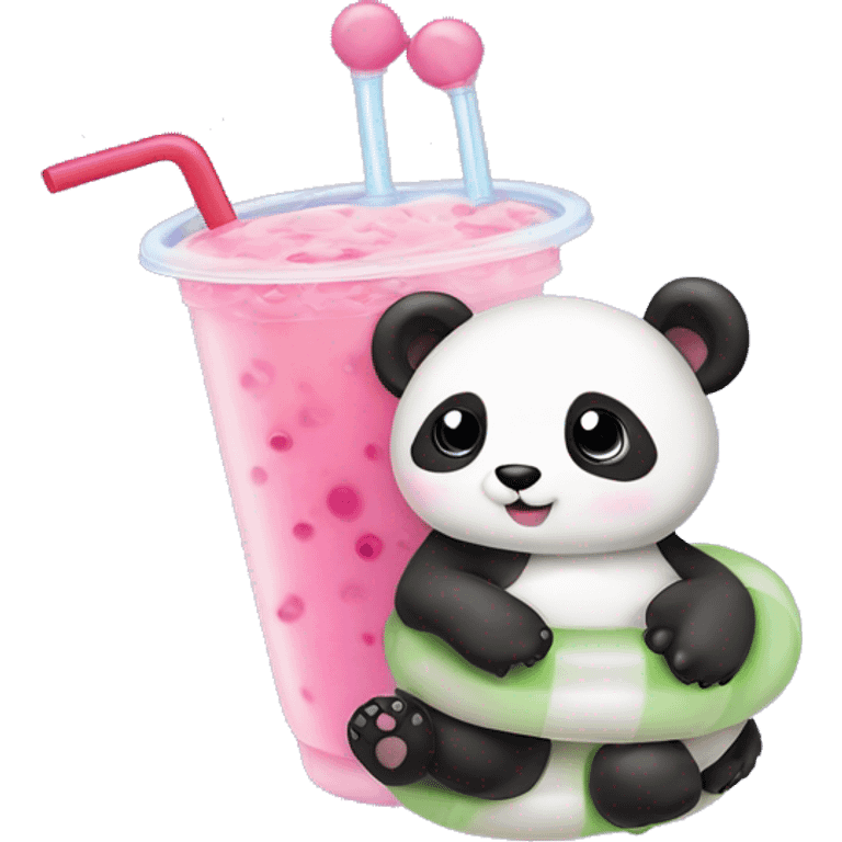 Bubble tea with a tiny miniature panda lounging on a itty bitty swim tube emoji