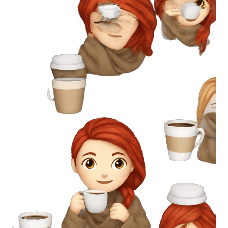 white girl red hair wrapped in cozy plaid blanket drinking a coffee emoji