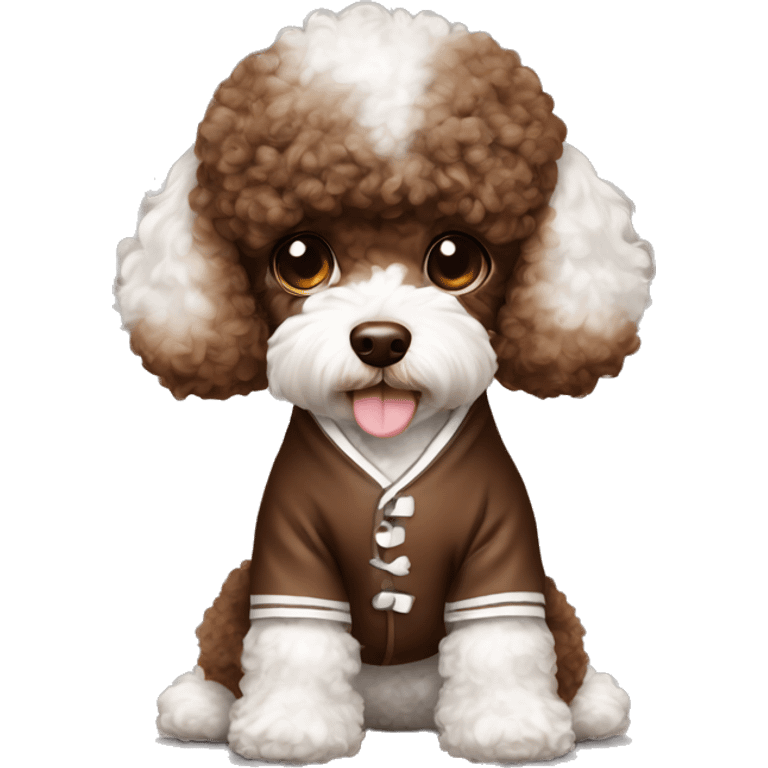 Chocolate brown and white toy poodle wearing pajamas emoji