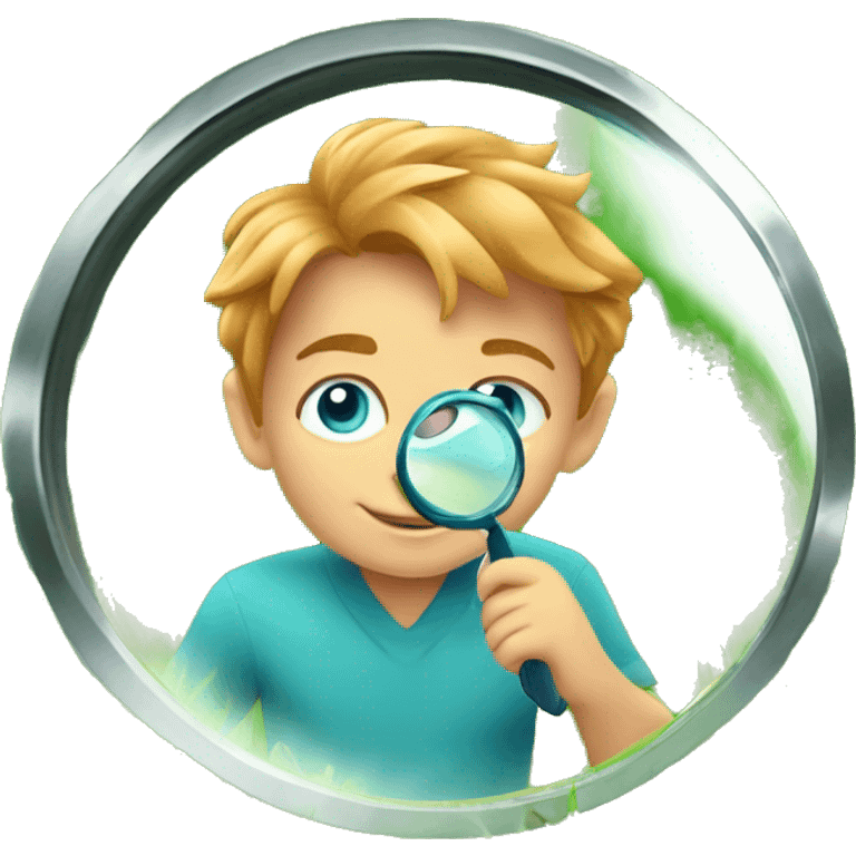 Little boy with blue/turquoise eyes, no glasses, and strawberryblonde slighty wavy hair crouching down low in a lot of green grass. He is holding a magnifying glass, closely examining nature and looking happy/curious emoji