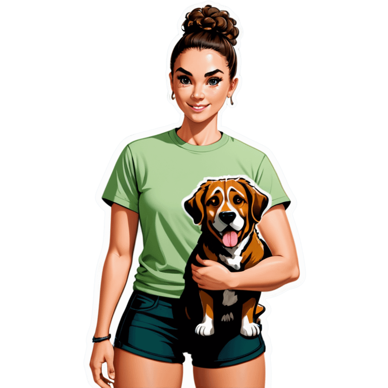 Girl with a burnette curly bun, strong build and a sage green T-shirt with a big dog emoji