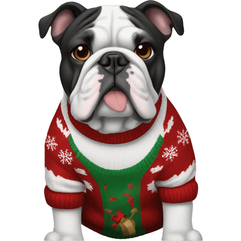 Black and white bulldog wearing Christmas sweater emoji