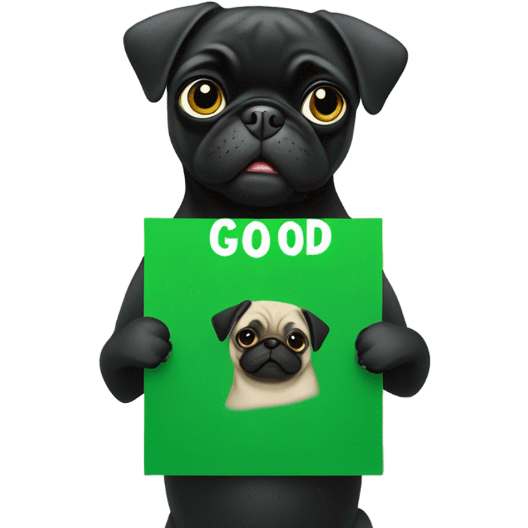 Black pug holding a green sign that says good luck  emoji