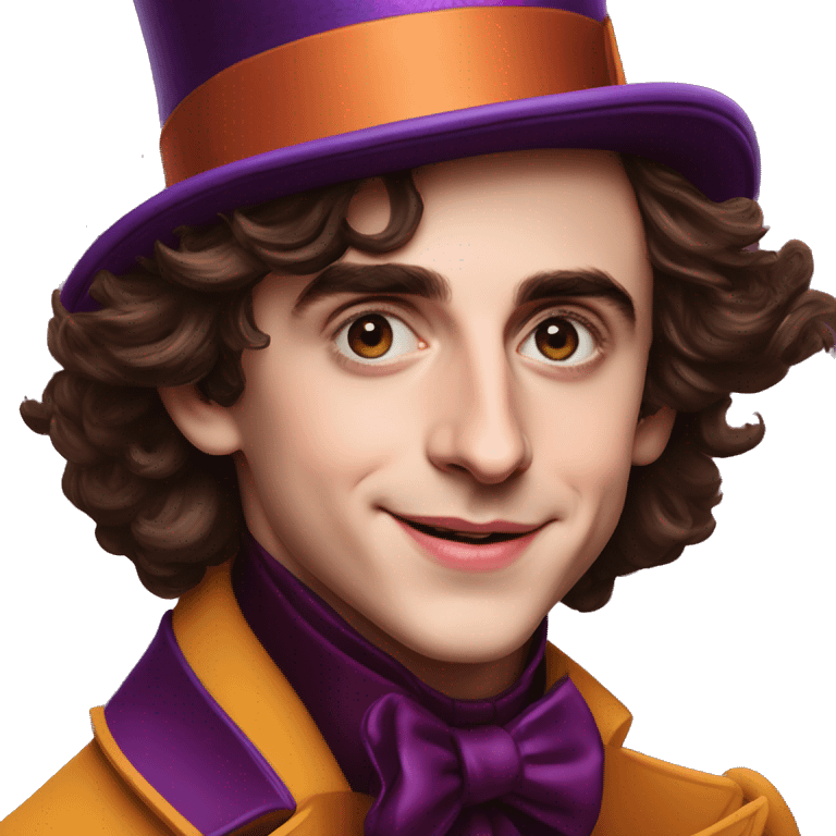 Timothée Chalamet as Willy Wonka, high cheek bones, large face, hat emoji