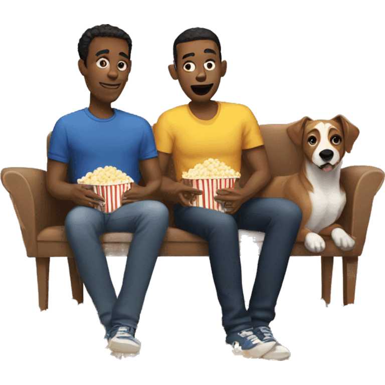 Two gay men and dog eating popcorn emoji