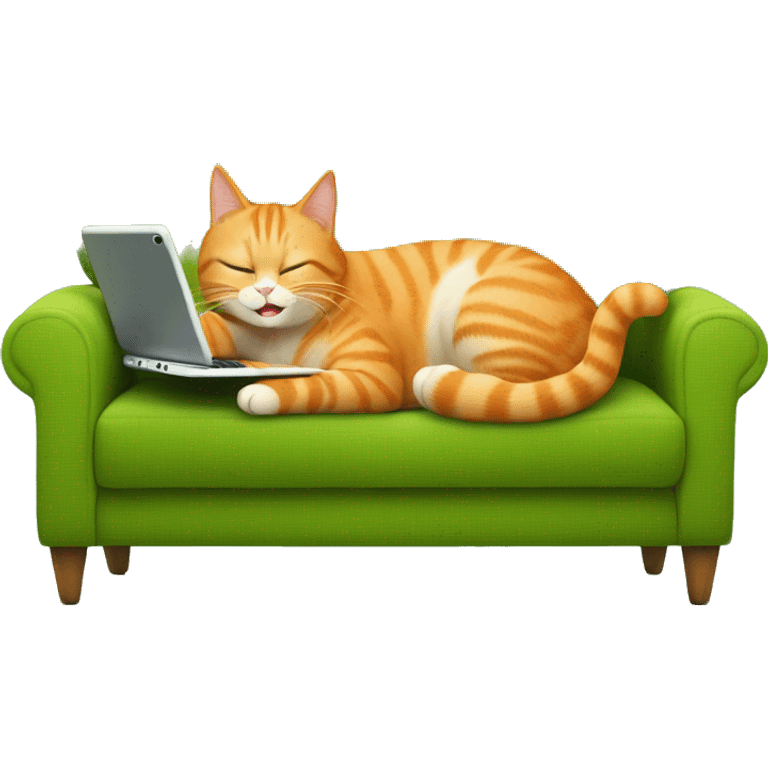 A happy orange cat lies on its back on a green sofa, holding a tablet. emoji