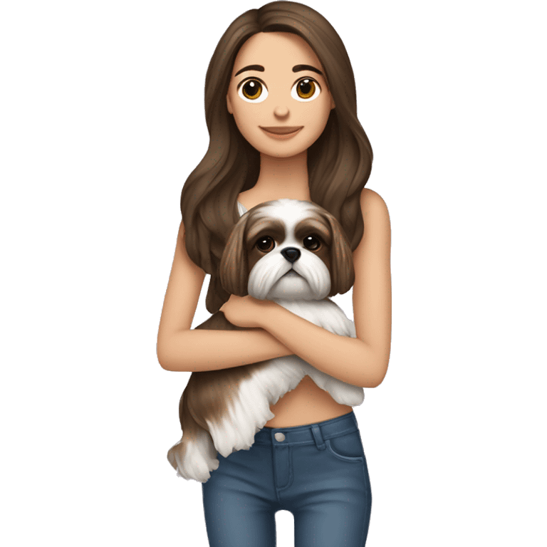 Young brunette hair woman with a shih tzu in her arms long hair emoji