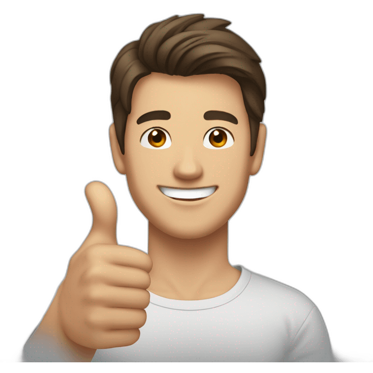 guy with brown hair, medium length hair, in his 20s, asian, smiling, t-shirt, thumbs up emoji