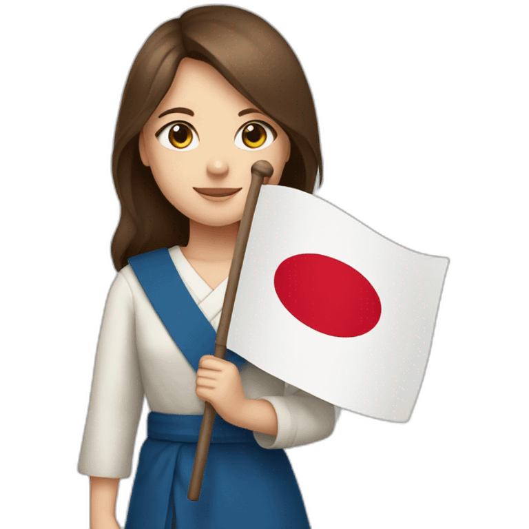 Girl with brown hair and blue eyes holding the flag of Japan emoji