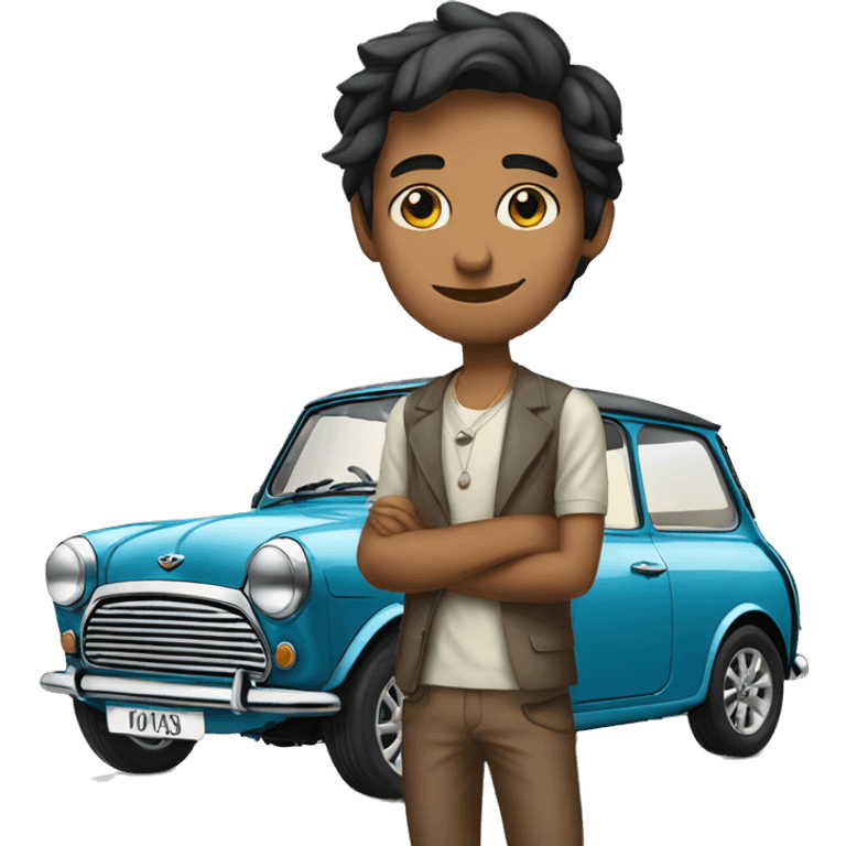 slender indian boy standing next to a mini cooper emoji