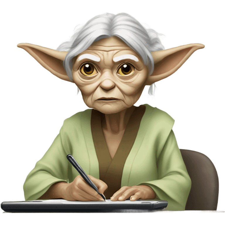 female old master Yoda draws on a graphics tablet emoji