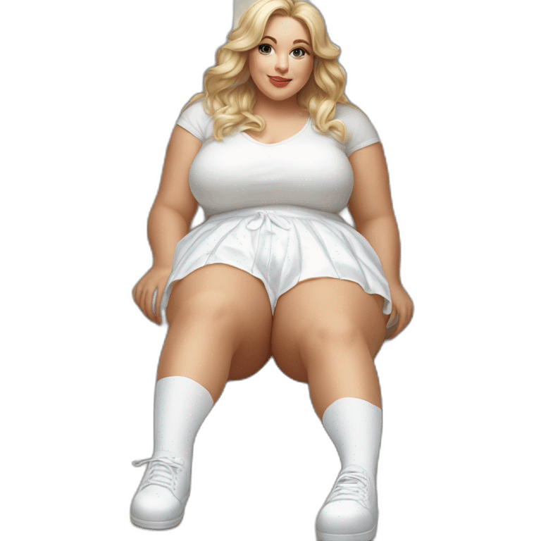 hyperrealistic-full-body-caucasian-curvy-beauty-sitting on the ground-small white-skirt-white knickers white socks emoji