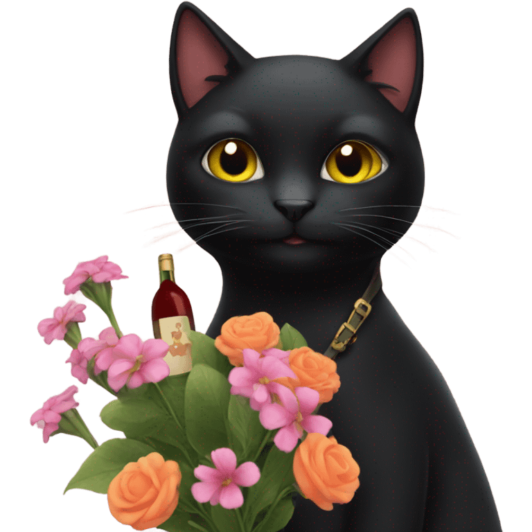 Black Cat holding flowers and a wine bottle emoji