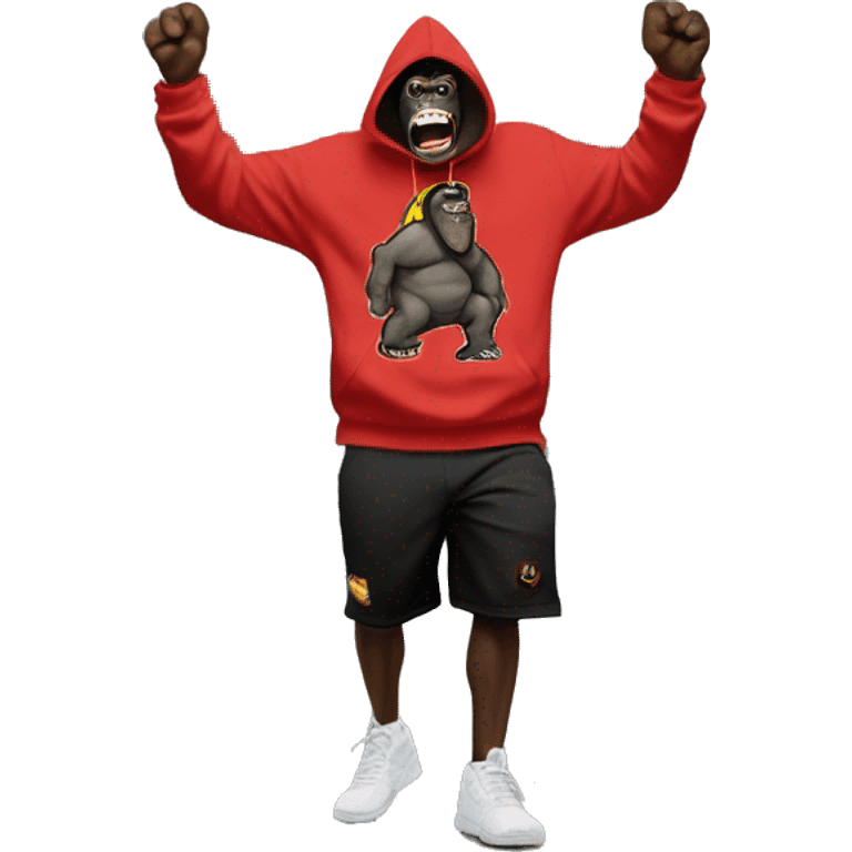 king kong dancing with a "HOODRICH" HOODIE, black shorts and nike tn shoes and a bumbag around his shoulder emoji