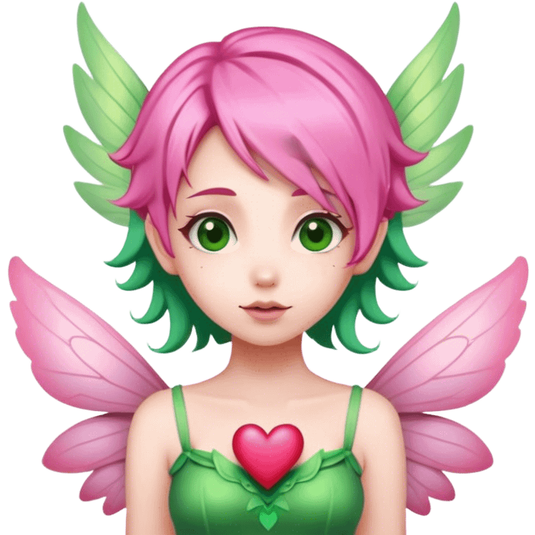 pink hair, pink wing fairy in green dress hearts emoji