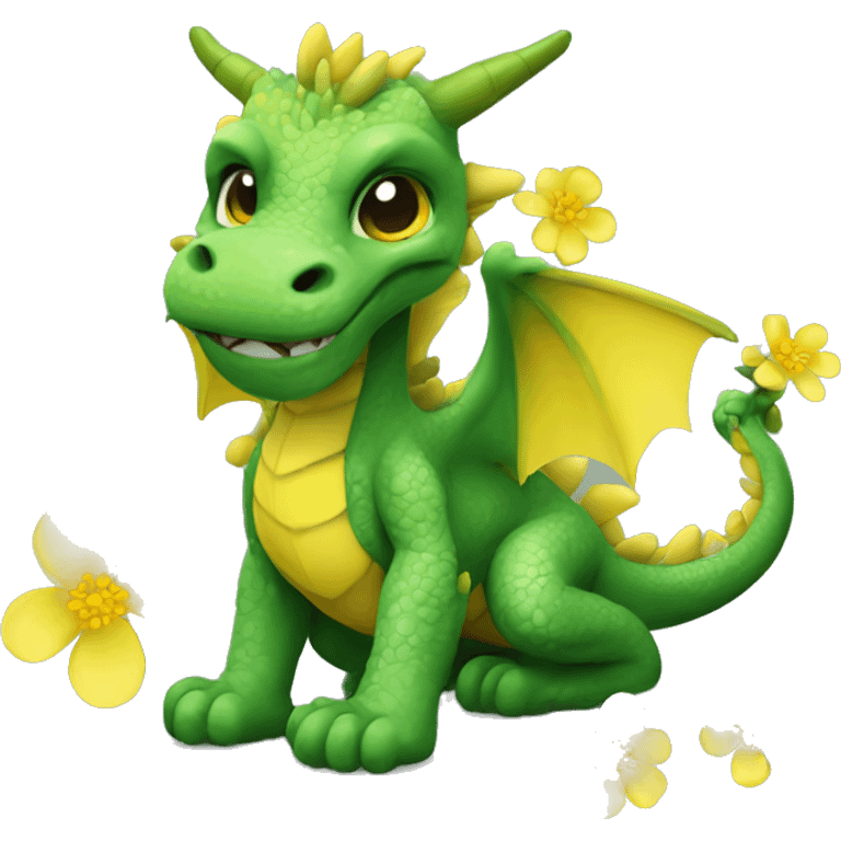 Small green dragon with yellow flowers on his body.  emoji