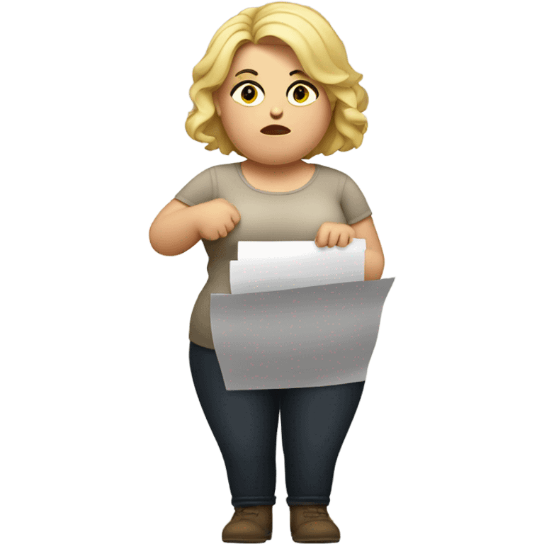 overweight blondie woman with doubts reading a paper in their hands emoji