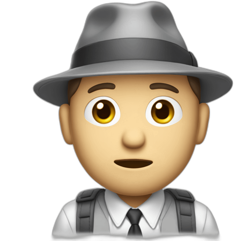 tim robinson wearing a grey fedora with a grey flap on the back white shirt only looking scared and sad 3 quarter angle, hat has a flap of fabric on the back emoji