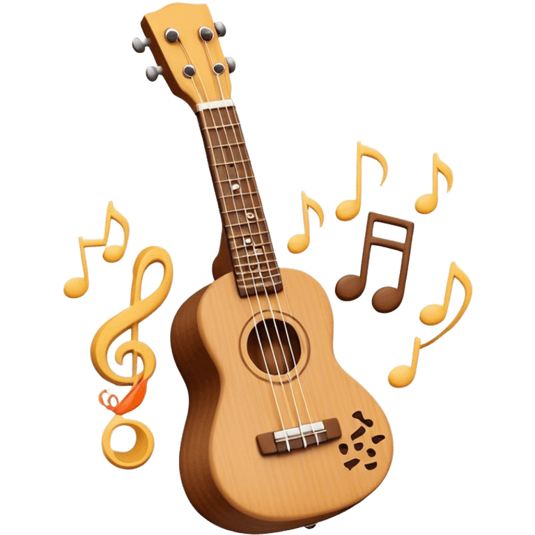 Create a cheerful and compact emoji representing a ukulele. The design should feature the small, wooden body of the ukulele with its smooth curves and visible strings. Highlight the sound hole and fretboard with subtle detailing to show the instrument’s craftsmanship. The wooden finish should be light, such as honey or natural wood tones, with dark accents for the fretboard and bridge. Add musical notes or soundwaves floating around the ukulele to evoke its bright, happy sound. The background should be transparent. emoji