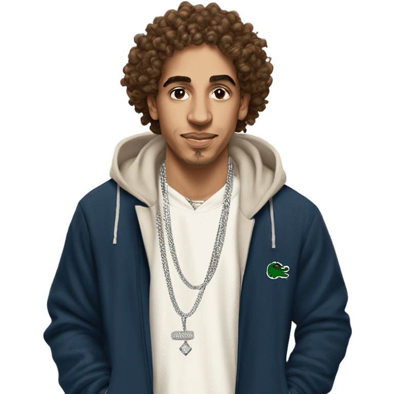 create an emoji of a young mixed-race Moroccan rapper with a diamond chain on his neck dressed in a Lacoste tracksuit. his mid-length brown curly hair and a small budding mustache emoji