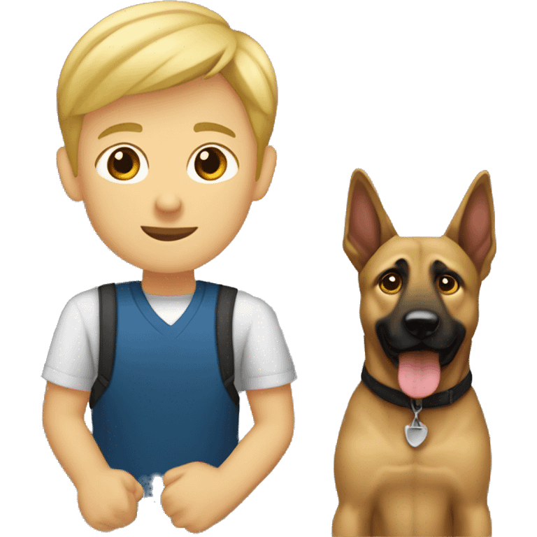 garçon blond qui fait un câlin a un malinois emoji