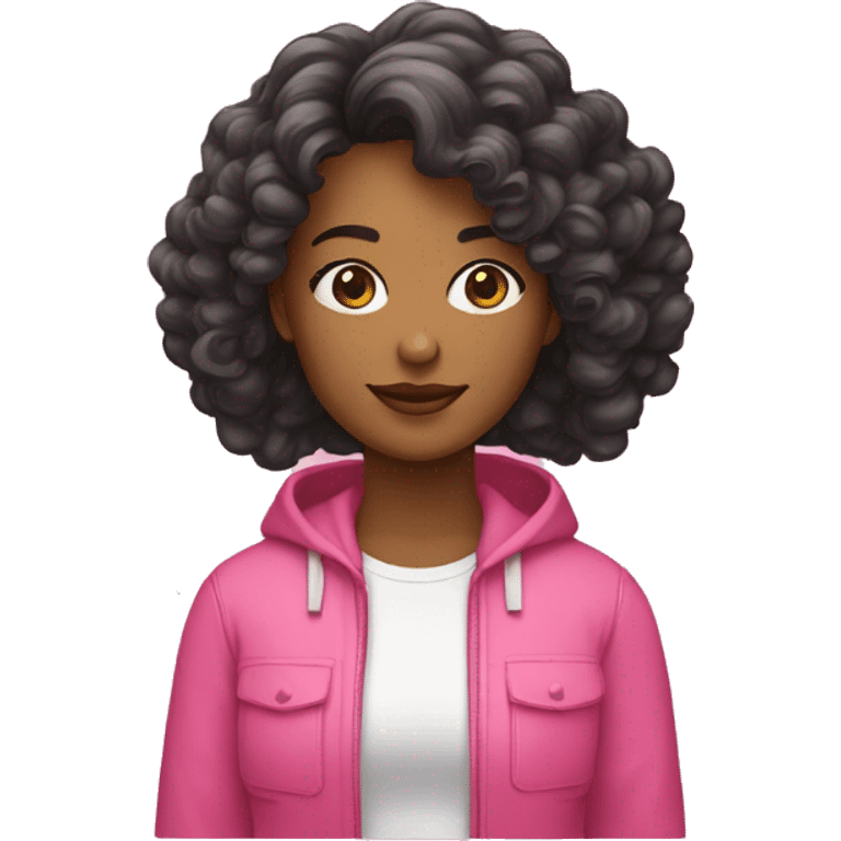 Mulher branca com cabelo curto solto e roupa rosa emoji