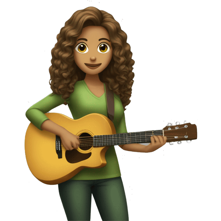 Mujer joven cabello castaño largo, ojos color miel tirando a verdes con un micrófono y tocando la guitarra emoji