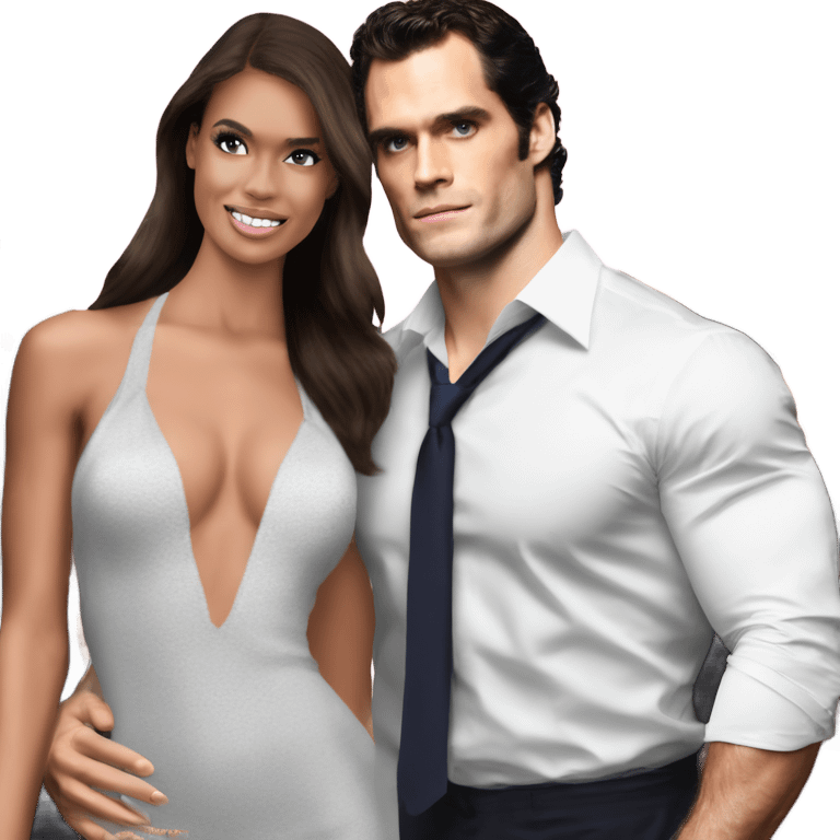 realistic photo of Henry Cavill close under a beautiful  victoria secret model  emoji