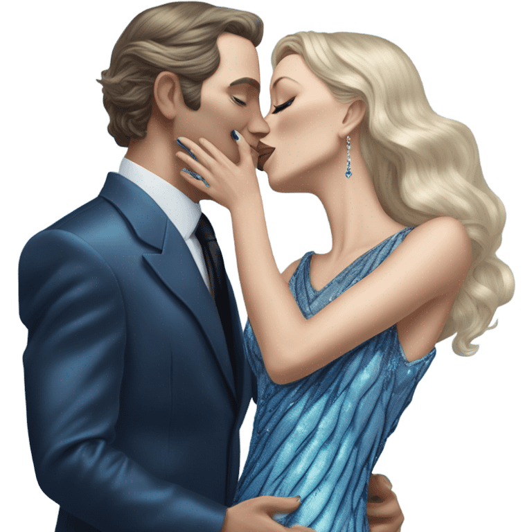 reptilian alien woman, in long slim pastel blue formal party satin dress with gradient shiny sparkling navy blue diamonds embroidered , and caucasian man in black dress kissing emoji