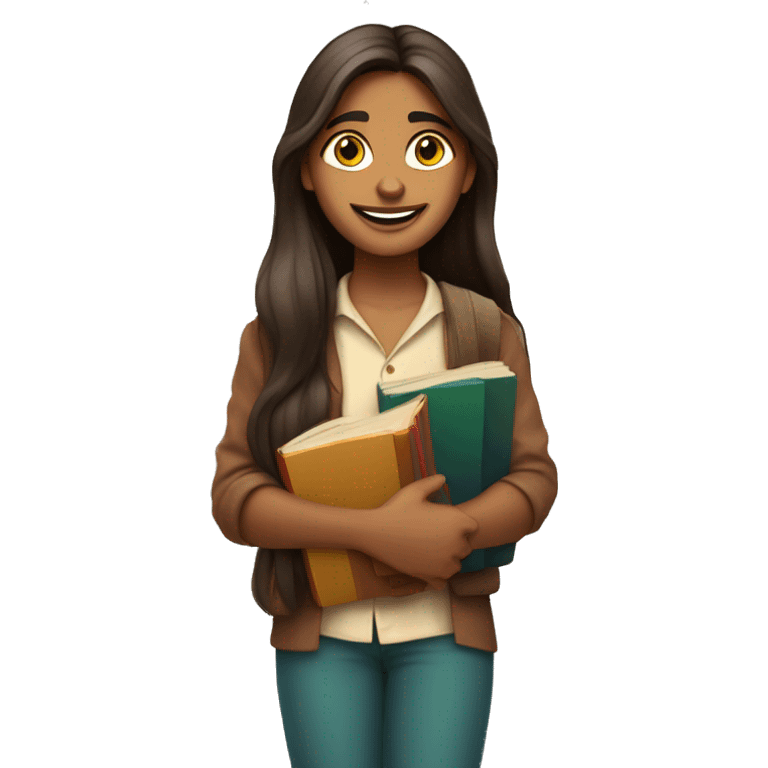 A desi indian fair skin tone with long hair holding books with smiley face emoji