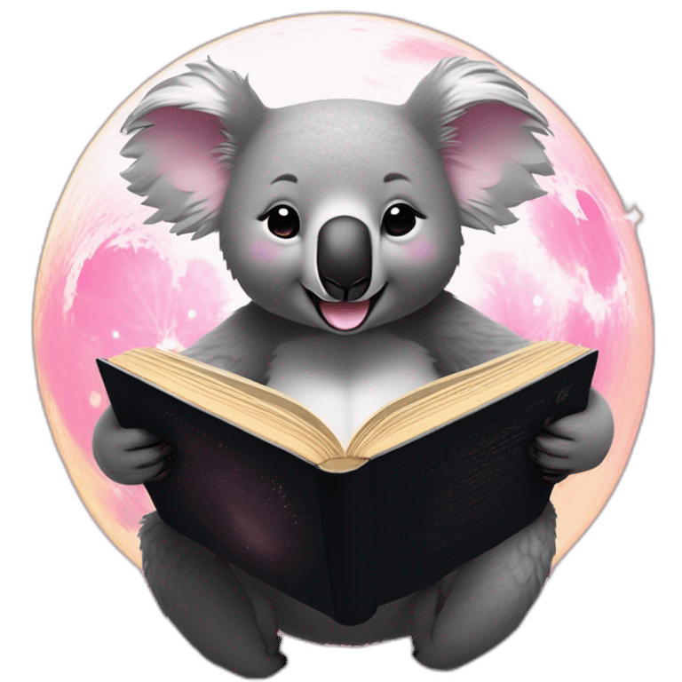 A koala perched on a ethereal glowing crescent moon, with dark black sky, smiling and blushing pink,  reading a book with glowing light on the pages emoji