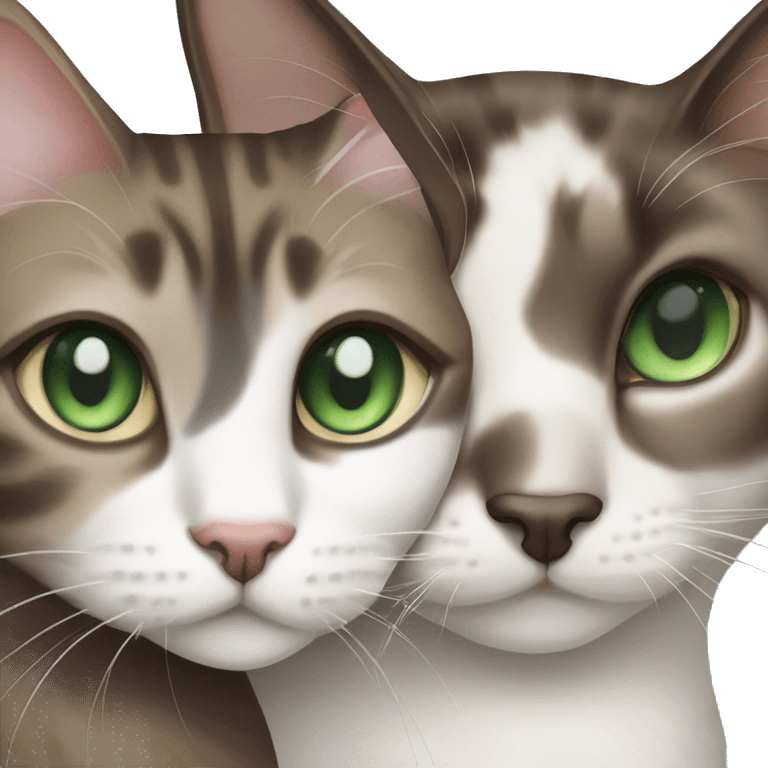 Dark Brown and white tabby cat with green eyes and Siamese blue eyed cat emoji