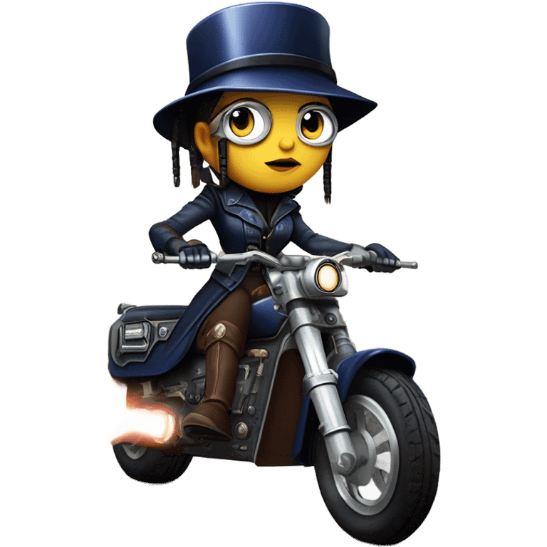 Bounty hunter Wednesday Addams Jedi wearing a pair of navy-blue rimmed steampunk goggles, hat, leather chaps, light saber, fringe jacket riding a distressed sci-fi 3 wheeled steampunk electric motorcycle with fenders and saddlebags on icy road  emoji