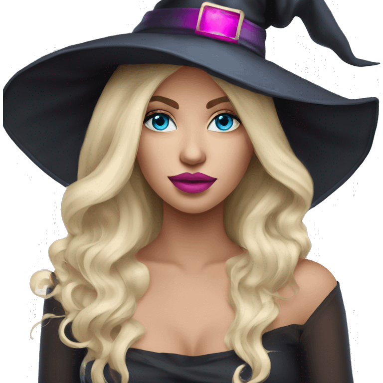 Beautiful blonde blue eyed witch with pink lips wearing witch hat emoji