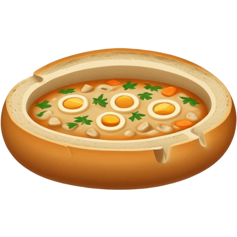 Żurek Cinematic Realistic Żurek Soup Dish Emoji, depicted as a tangy rye soup served inside a hollowed-out round loaf of bread, rendered with rich textures and dynamic, comforting lighting. emoji