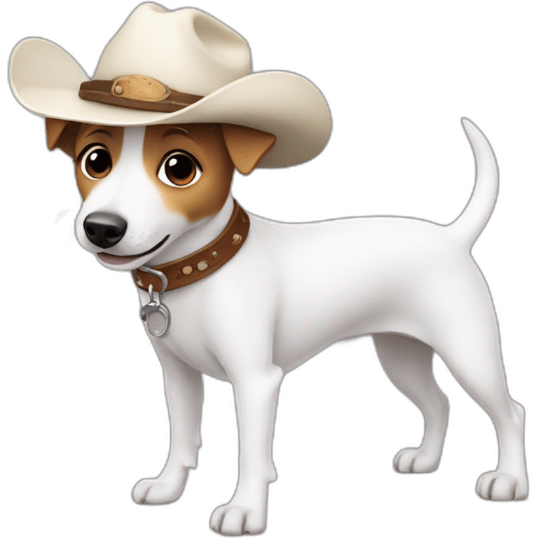 White jack russell terrier wagging his tail and wearing a cowboy hat emoji