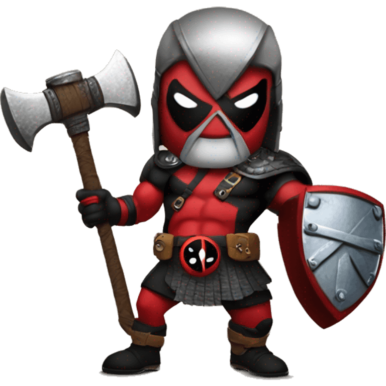 Deadpool holding Viking shield and thors hammer emoji