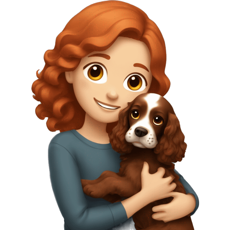 A very cute girl with red hair cuddling a happy all-brown English Cocker Spaniel. emoji