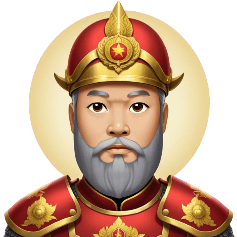 ​Cinematic Realistic Portrait of Trần Hưng Đạo, depicted as a revered Vietnamese general with his characteristic traditional Vietnamese beard and historic armor, his determined gaze illuminated by dramatic historical lighting that evokes his legendary martial spirit and leadership, emoji