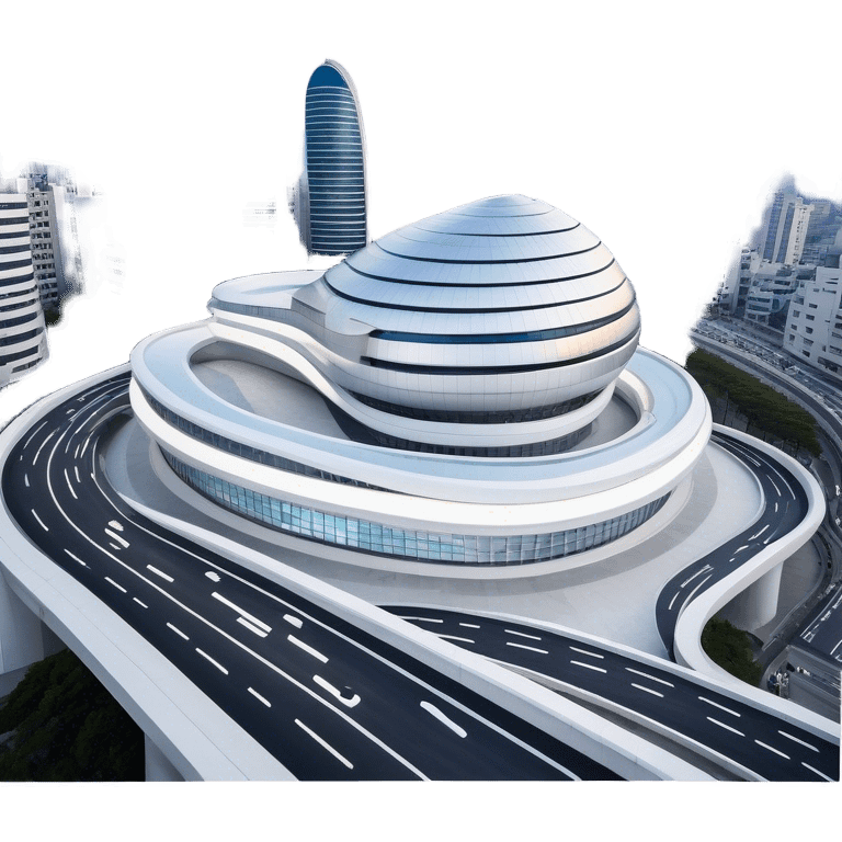 Realistic Dongdaemun Design Plaza (DDP) Landmark Emoji, featuring the iconic curving silver structure with futuristic architecture, illuminated pathways, and a sleek modern design set against the Seoul cityscape. emoji