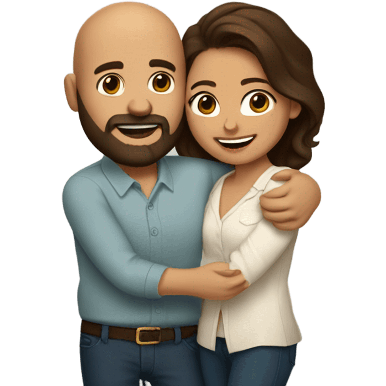 Brown-haired Puerto Rican woman with dark brown eyes wearing a cute blouse giving a comforting hug to a short, bald man with brown eyes, laugh lines, and a beard emoji