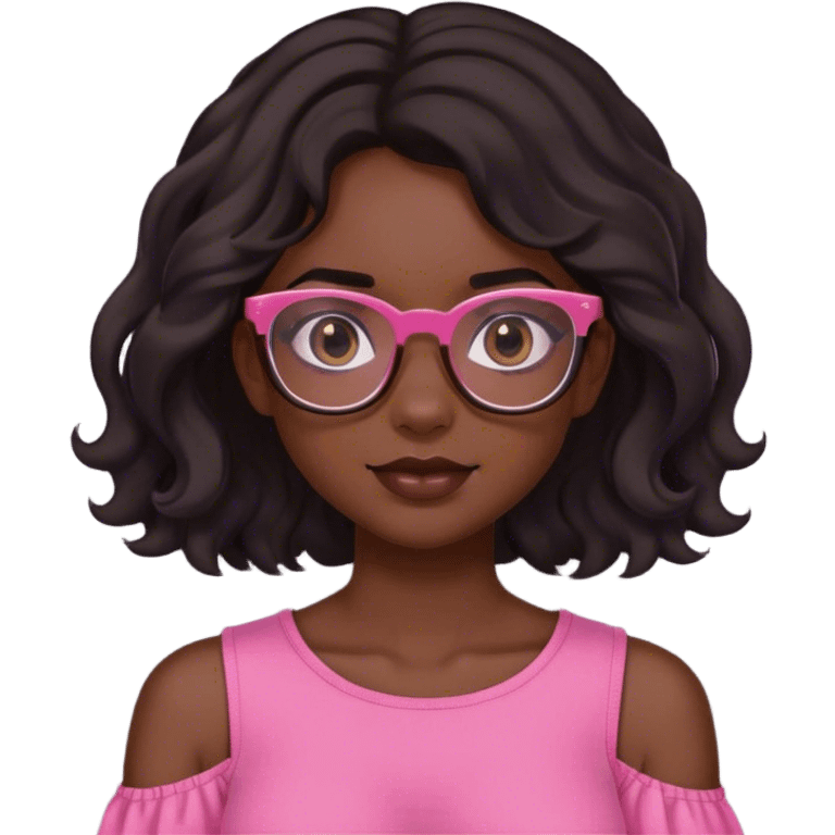 dark skinned girl wearing glasses with wavy black shoulder length hair and a pink top emoji